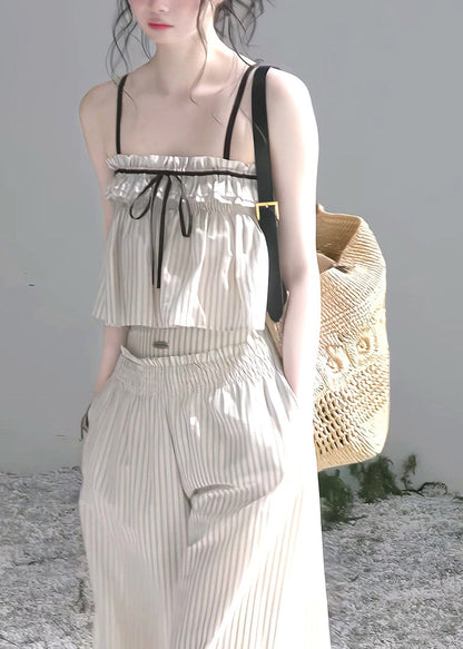 Modern Beige Ruffled Striped Cotton Bow Sets 2 Pieces Summer