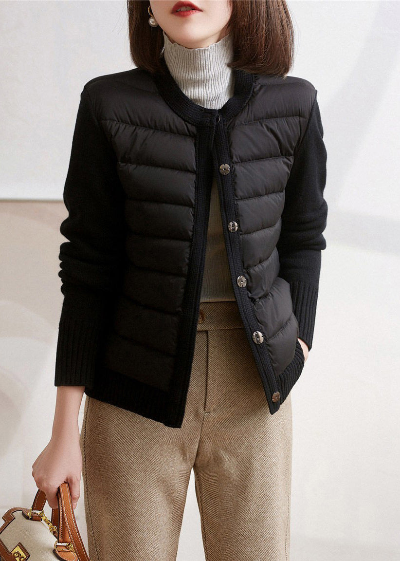 Modern Beige White Colour O-neck Patchwork Knit Parka Long Sleeve