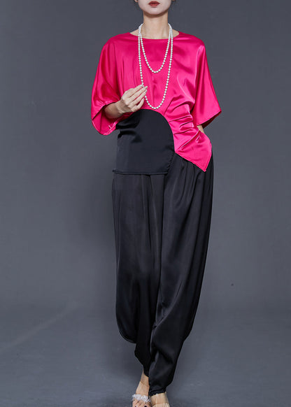 Modern Black Asymmetrical Patchwork Silk Two Piece Suit Set Summer