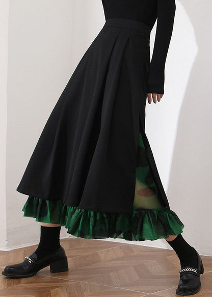 Modern Black Cinched Patchwork Side Open Skirt Spring