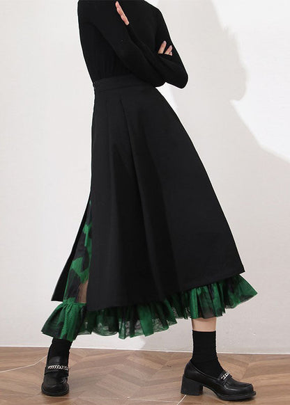 Modern Black Cinched Patchwork Side Open Skirt Spring