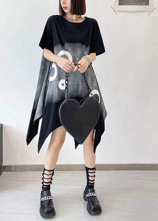 Modern Black Circle Asymmetric Cotton Dresses Short Sleeve
