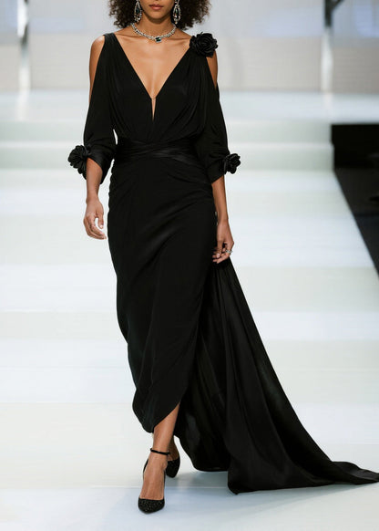 Modern Black Cold Shoulder Decorated Chiffon Vestidos Dress Summer