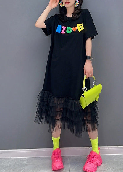 Modern Black Graphic Print Tulle Patchwork Maxi Dresses Summer