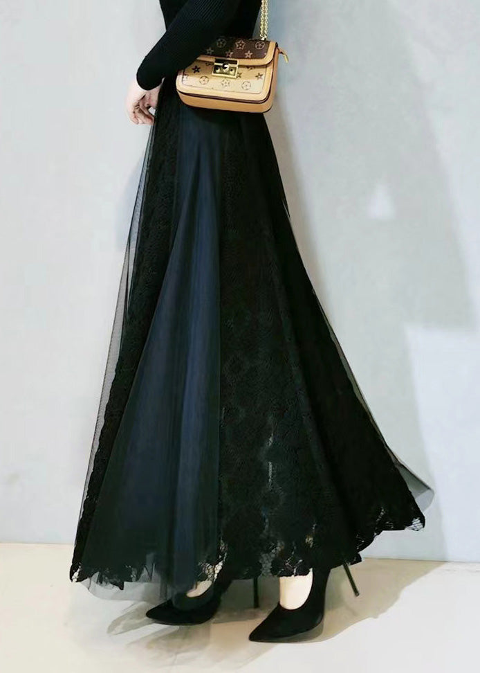 Modern Black High Waist Lace Patchwork Tulle a Line Skirt Spring