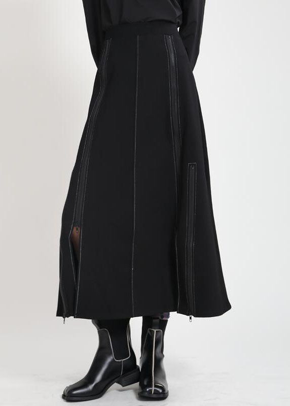 Modern Black High Waist Zippered Asymmetrical Design Patchwork Fall Skirt