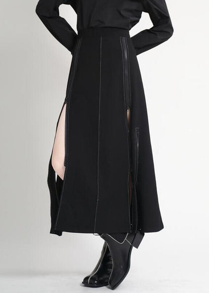 Modern Black High Waist Zippered Asymmetrical Design Patchwork Fall Skirt
