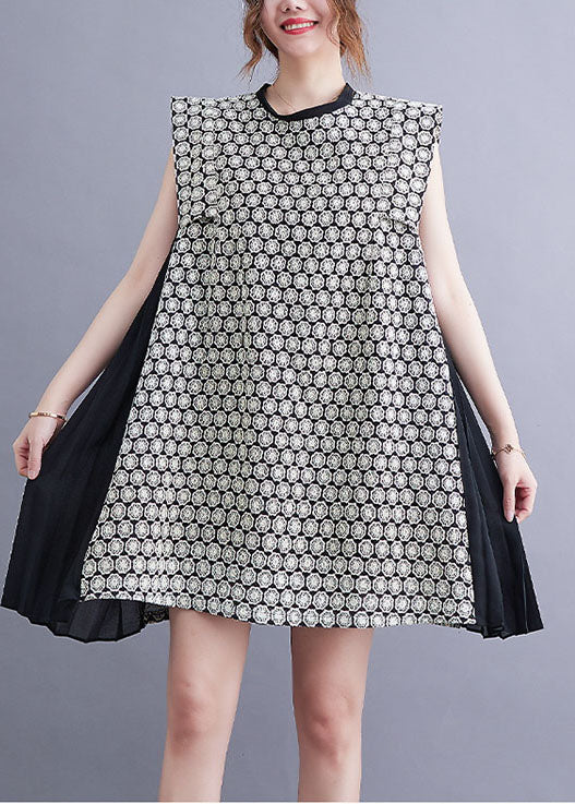 Modern Black O-neck Chiffon Patchwork Print Cotton a Line Dress Sleeveless