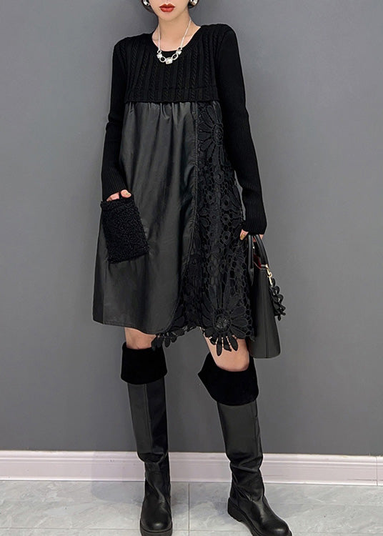 Modern Black O-neck Embroideried Knit Patchwork Faux Leather Mid Dress Winter