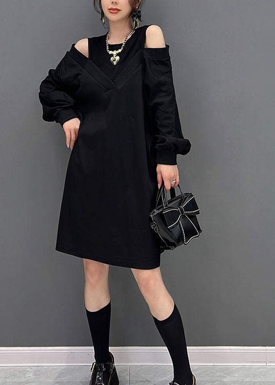 Modern Black O-neck Fake Two Pieces Knit Mid Dresses Fall
