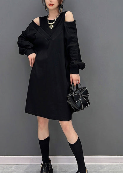 Modern Black O-neck Fake Two Pieces Knit Mid Dresses Fall