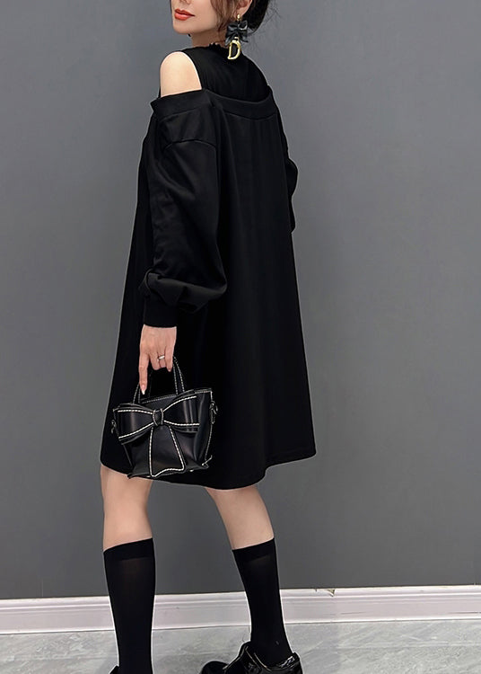 Modern Black O-neck Fake Two Pieces Knit Mid Dresses Fall