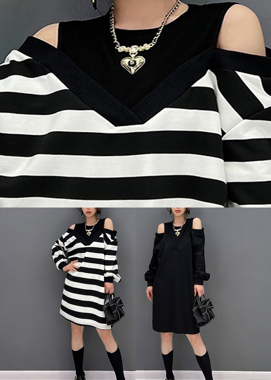 Modern Black O-neck Fake Two Pieces Knit Mid Dresses Fall