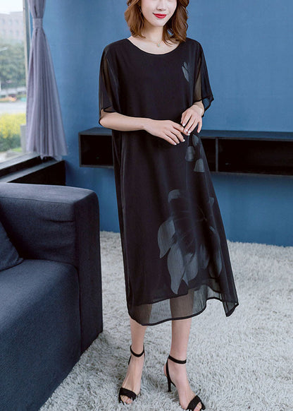 Modern Black O-neck Print Draping Chiffon Dresses Short Sleeve