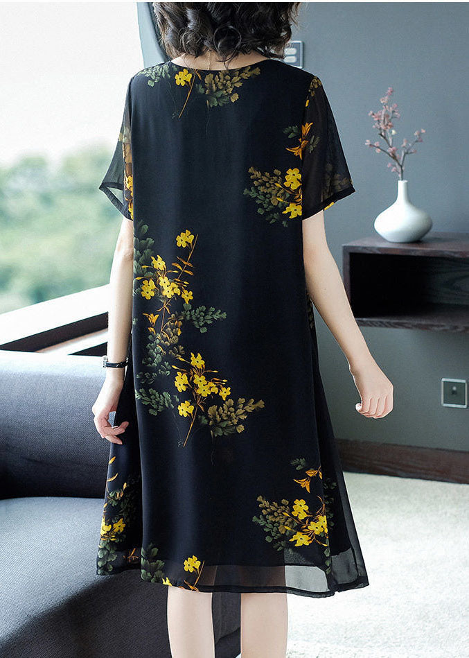 Modern Black O-neck Print Draping Chiffon Maxi Dresses Summer