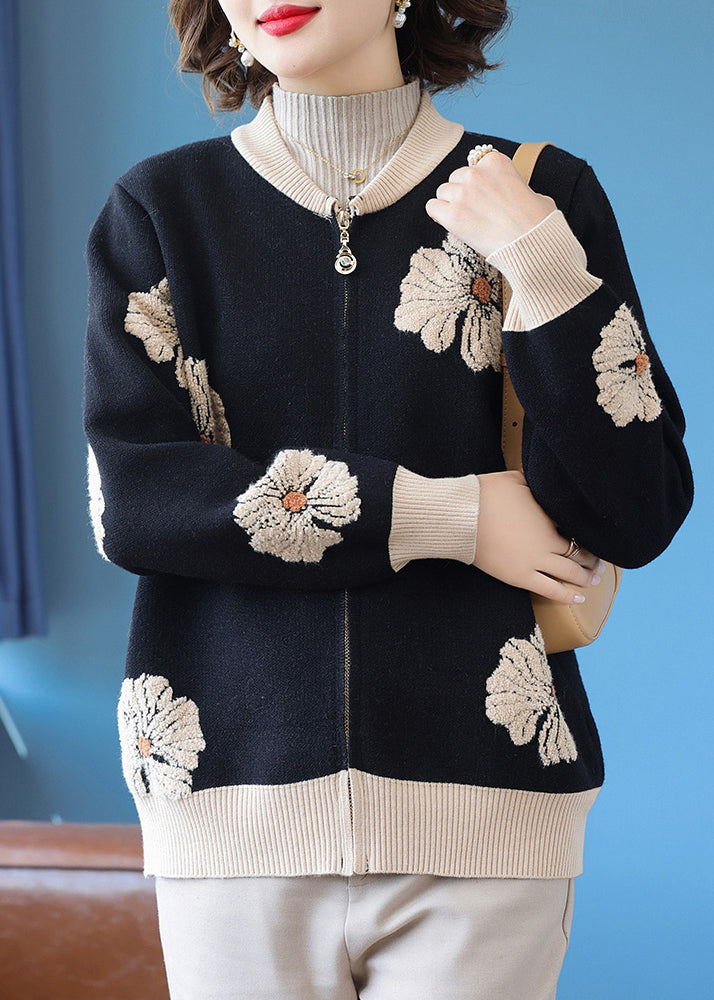 Modern Black O-neck Print Knitted Cotton Cardigans Fall