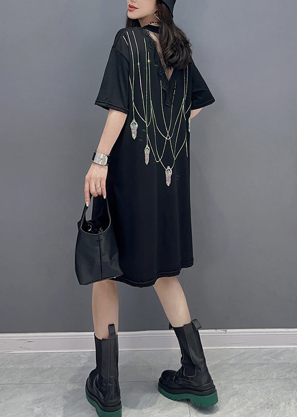 Modern Black O-neck Print Long Dress Short Sleeve