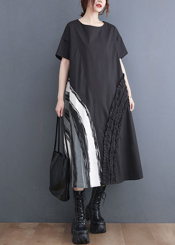 Modern Black O-neck Ruffled Print Cotton a Line Dress Short Sleeve