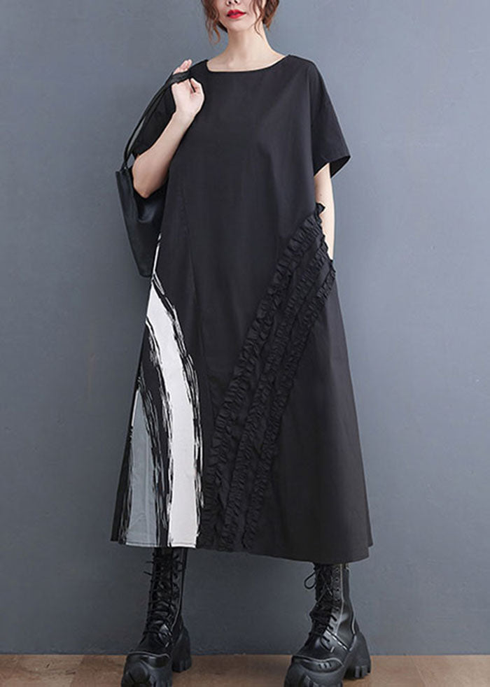 Modern Black O-neck Ruffled Print Cotton a Line Dress Short Sleeve