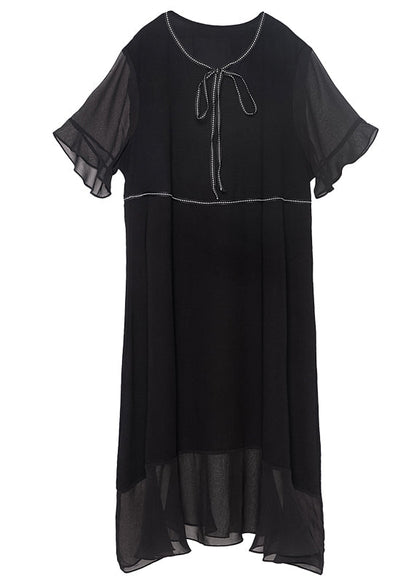 Modern Black O-neck Ruffles Lace Up Chiffon Long Dress Summer