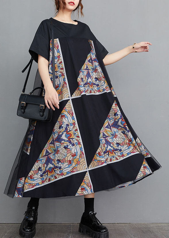 Modern Black O-neck Tulle Patchwork Geometric Print Cotton a Line Dresses Short Sleeve