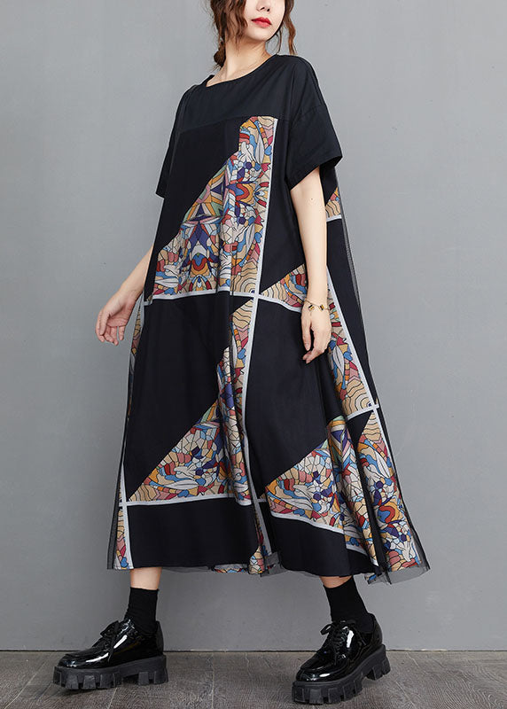 Modern Black O-neck Tulle Patchwork Geometric Print Cotton a Line Dresses Short Sleeve