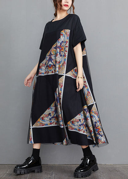 Modern Black O-neck Tulle Patchwork Geometric Print Cotton a Line Dresses Short Sleeve