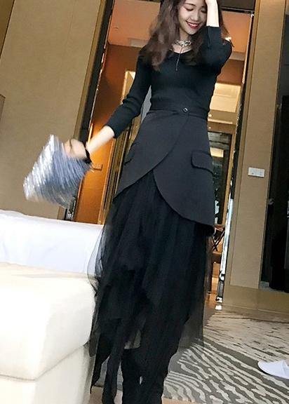 Modern Black Patchwork Tulle Summer High Waist Skirt