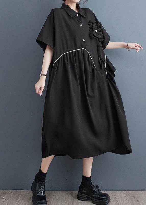 Modern Black Peter Pan Collar Patchwork Button Party Maxi Dress Short Sleeve