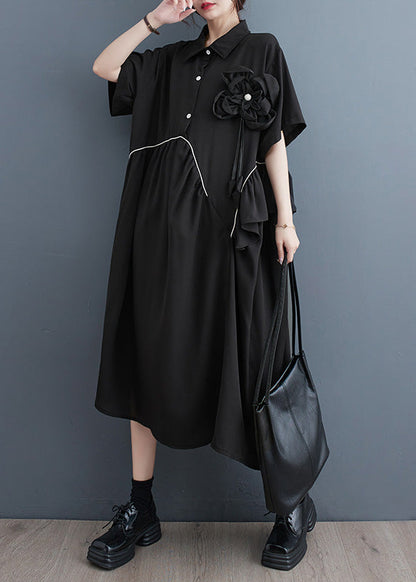 Modern Black Peter Pan Collar Patchwork Button Party Maxi Dress Short Sleeve