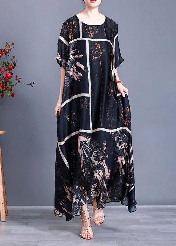 Modern Black Print Satin Maxi Dress Patchwork Caftan