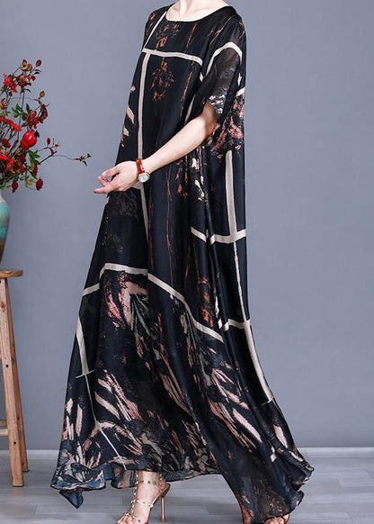 Modern Black Print Satin Maxi Dress Patchwork Caftan