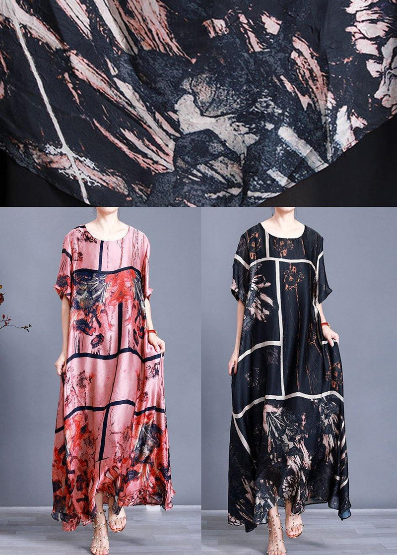 Modern Black Print Satin Maxi Dress Patchwork Caftan