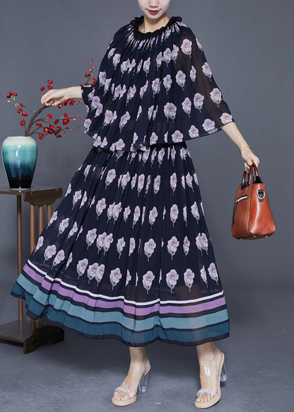 Modern Black Ruffled Print Fake Two Piece Chiffon Holiday Dress Cloak Sleeves
