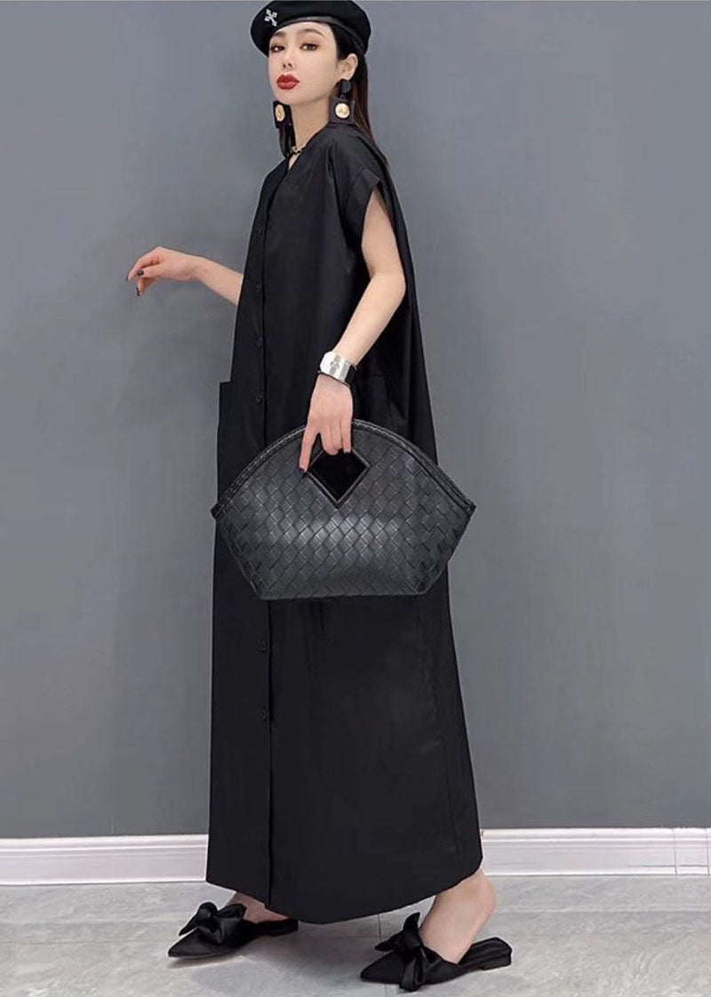 Modern Black V Neck Button Pockets Cotton Long Shirt Dresses Short Sleeve