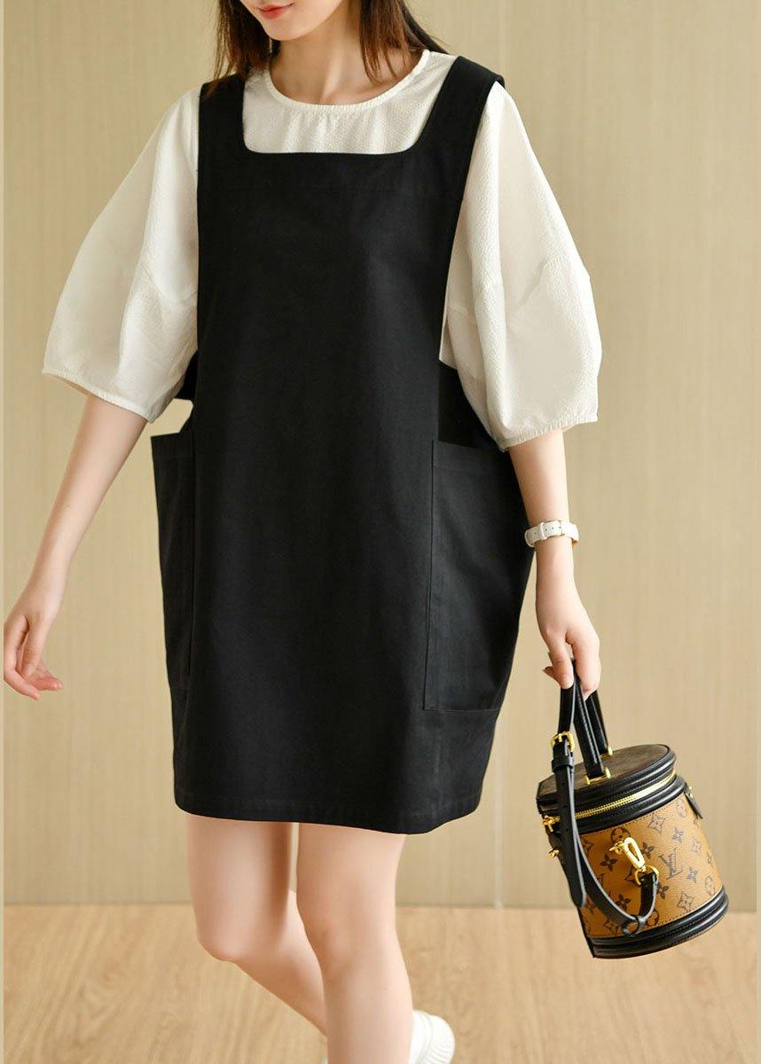 Modern Black Square Collar Pockets Summer Cotton Dresses Sleeveless