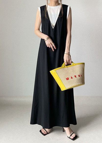 Modern Black V Neck Cross Side Open Cotton a Line Dress Sleeveless
