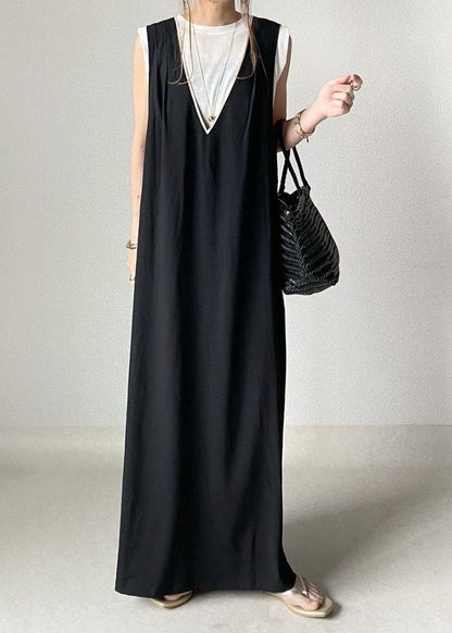 Modern Black V Neck Cross Side Open Cotton a Line Dress Sleeveless