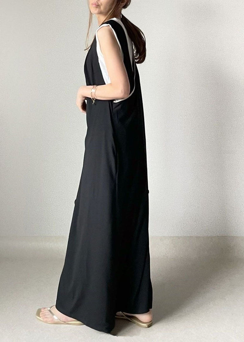 Modern Black V Neck Cross Side Open Cotton a Line Dress Sleeveless