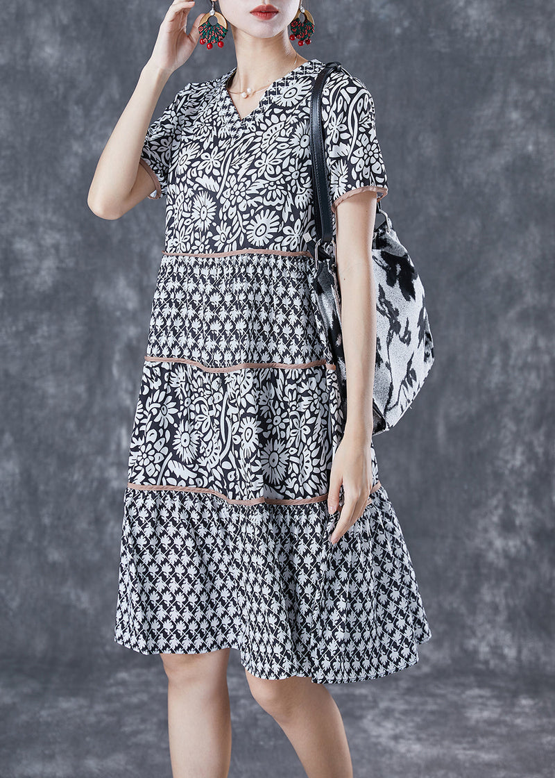 Modern Black V Neck Patchwork Print Cotton a Line Dress Summer