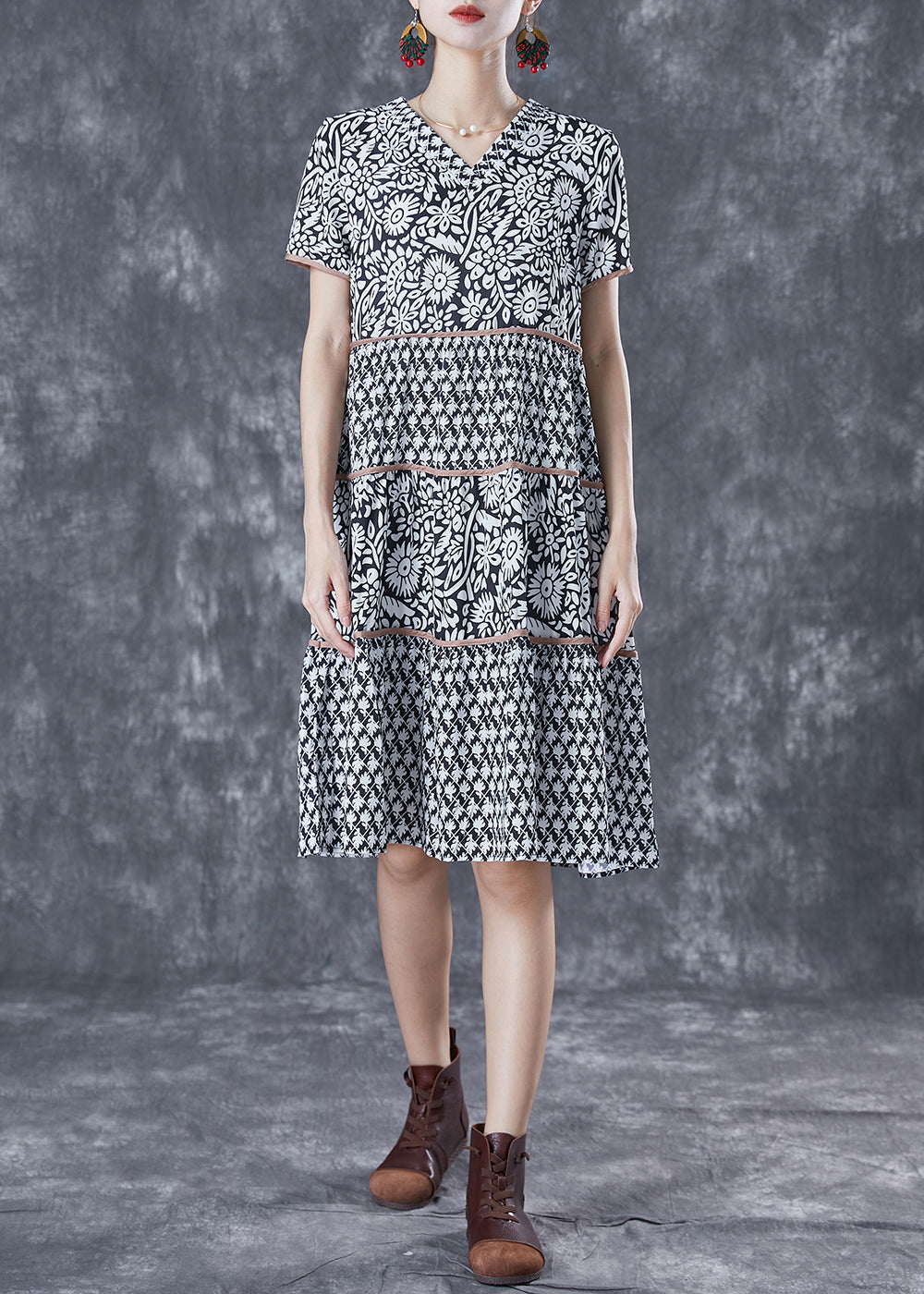 Modern Black V Neck Patchwork Print Cotton a Line Dress Summer