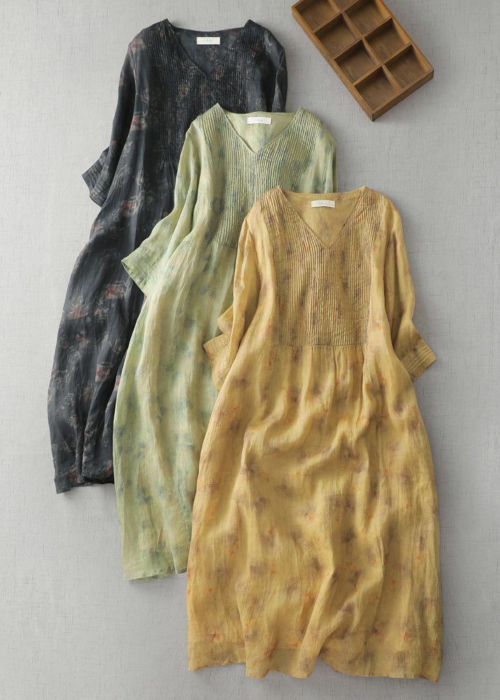Modern Black V Neck Print Wrinkled Linen a Line Dress Summer