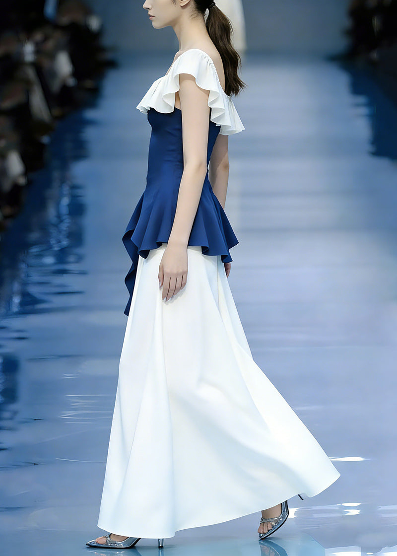 Modern Blue Asymmetrical Patchwork Top and Maxi Skirts Two Pieces Set Short Sleeve