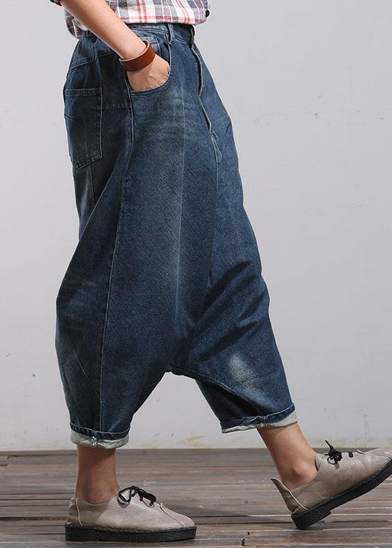 Modern Blue Pockets Wrinkled Fall Harem Denim Pants