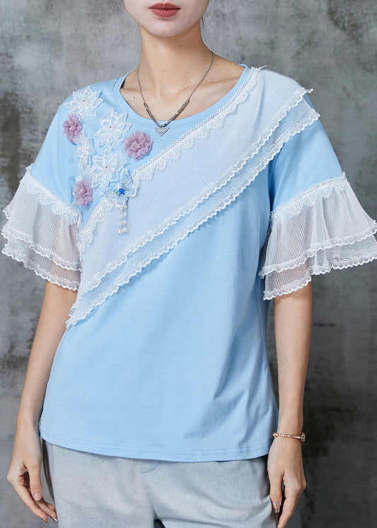 Modern Blue Patchwork Lace Cotton Tank Flare Sleeve