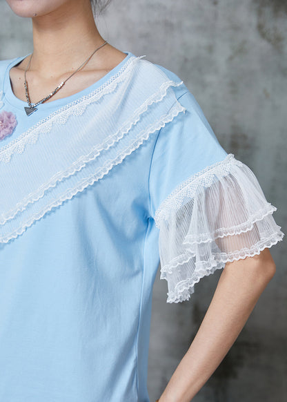 Modern Blue Patchwork Lace Cotton Tank Flare Sleeve