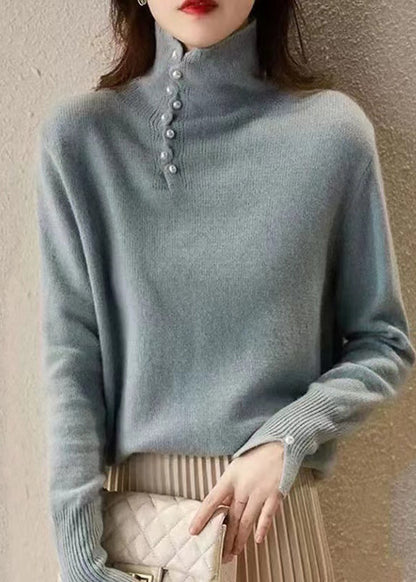 Modern Blue High Neck Nail Bead Knit Top Spring
