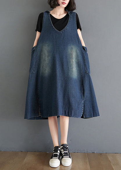 Modern Blue Hoodedpockets Patchwork Denim Waistcoat Long Dress Sleeveless