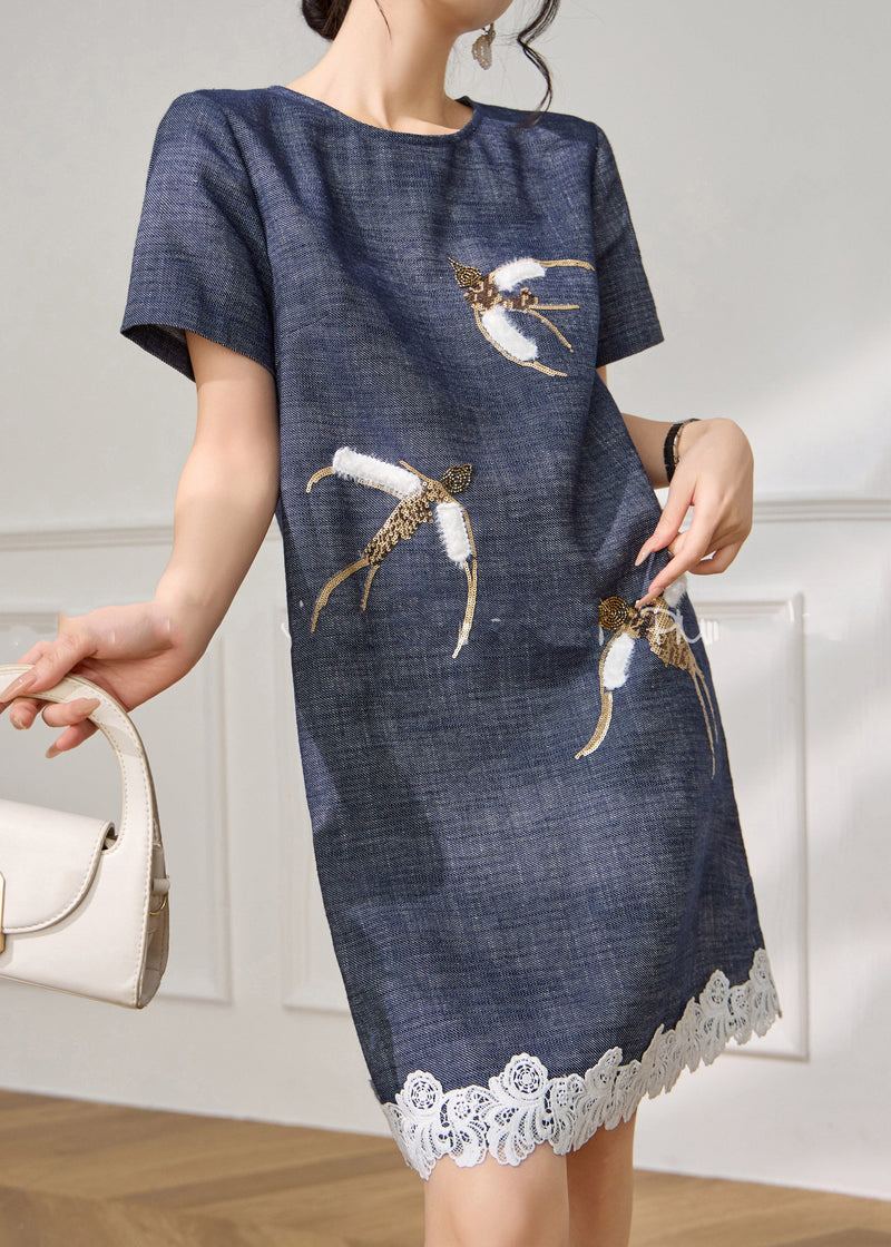 Modern Blue O-neck Embroidered Mid Dress Summer