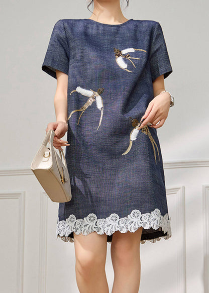 Modern Blue O-neck Embroidered Mid Dress Summer